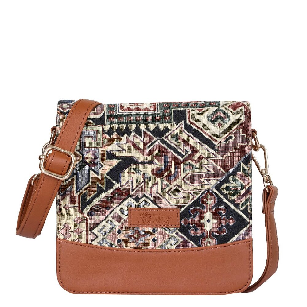 Ladies’ Geometric Tapestry Crossbody Bag | Shoulder Sling Purse with PU leather